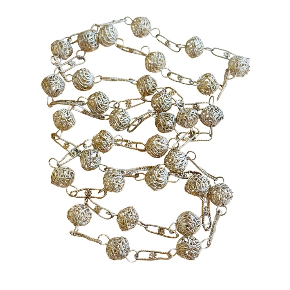 Vtg Folk Art Mexican Wedding Filigree Necklace Traditional Silver Laso Chain 56"